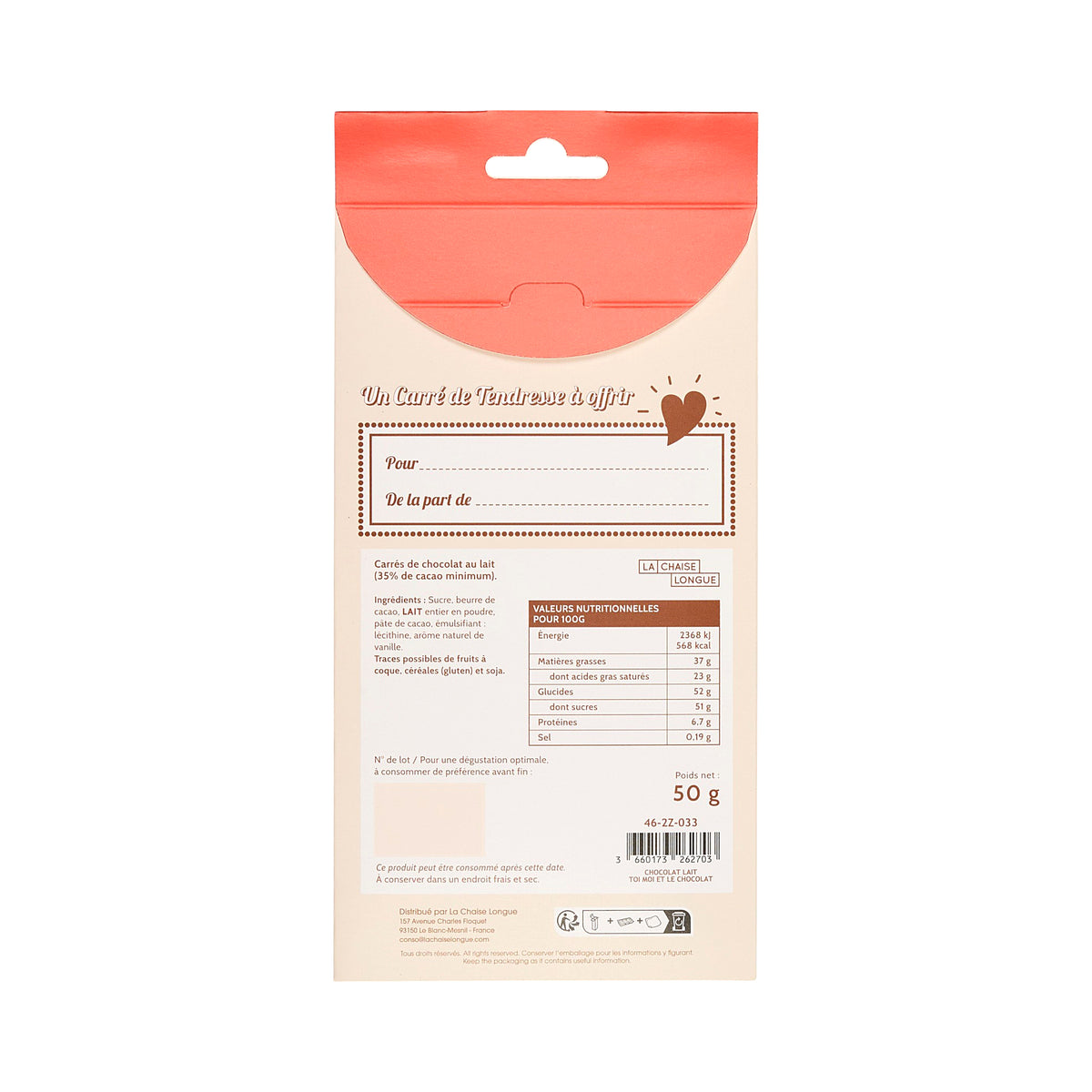 CARRES DE CHOCOLAT LAIT TOI MOI ET LE CHOCOLAT