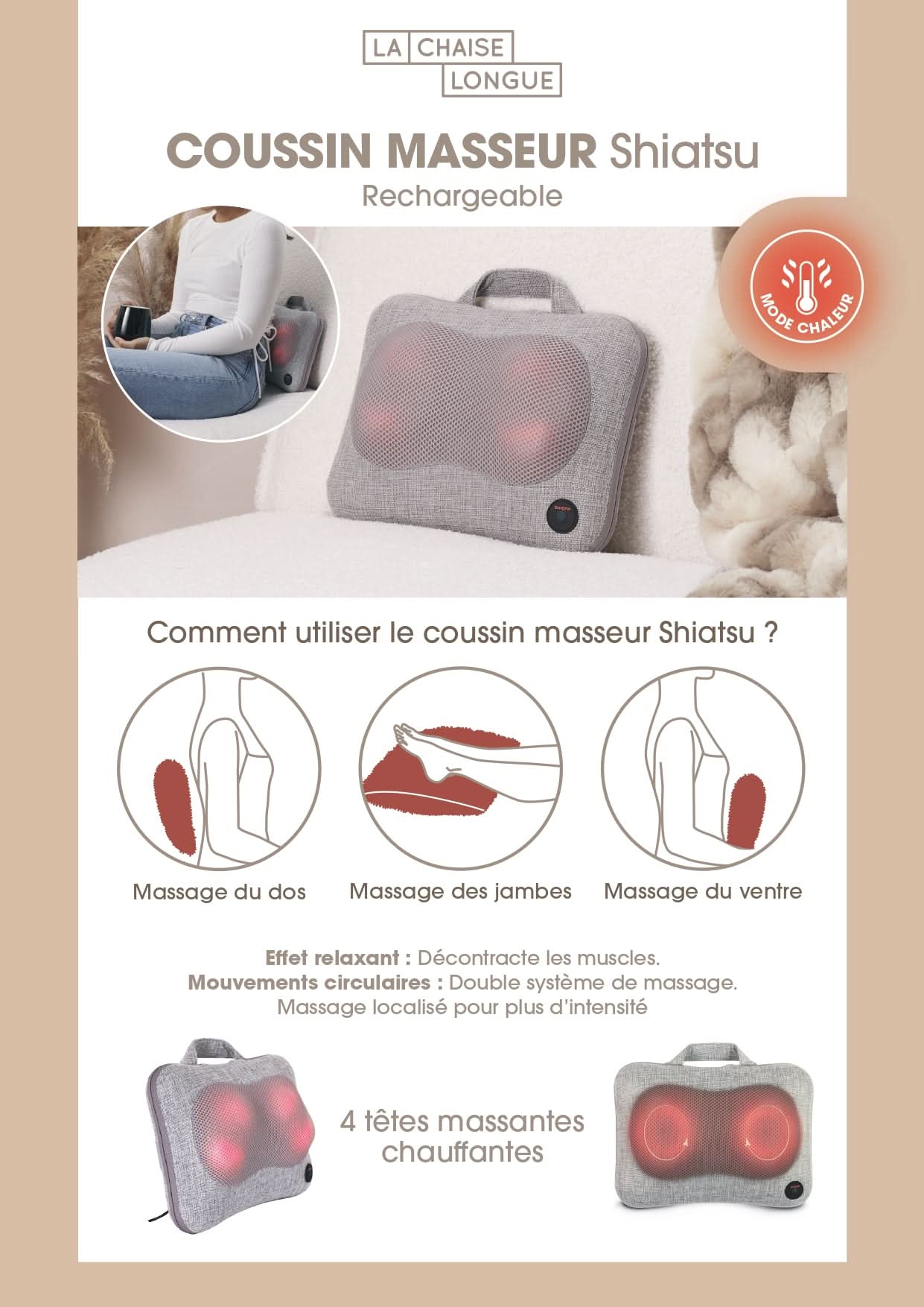COUSSIN MASSEUR SHIATSU RECHARGEABLE