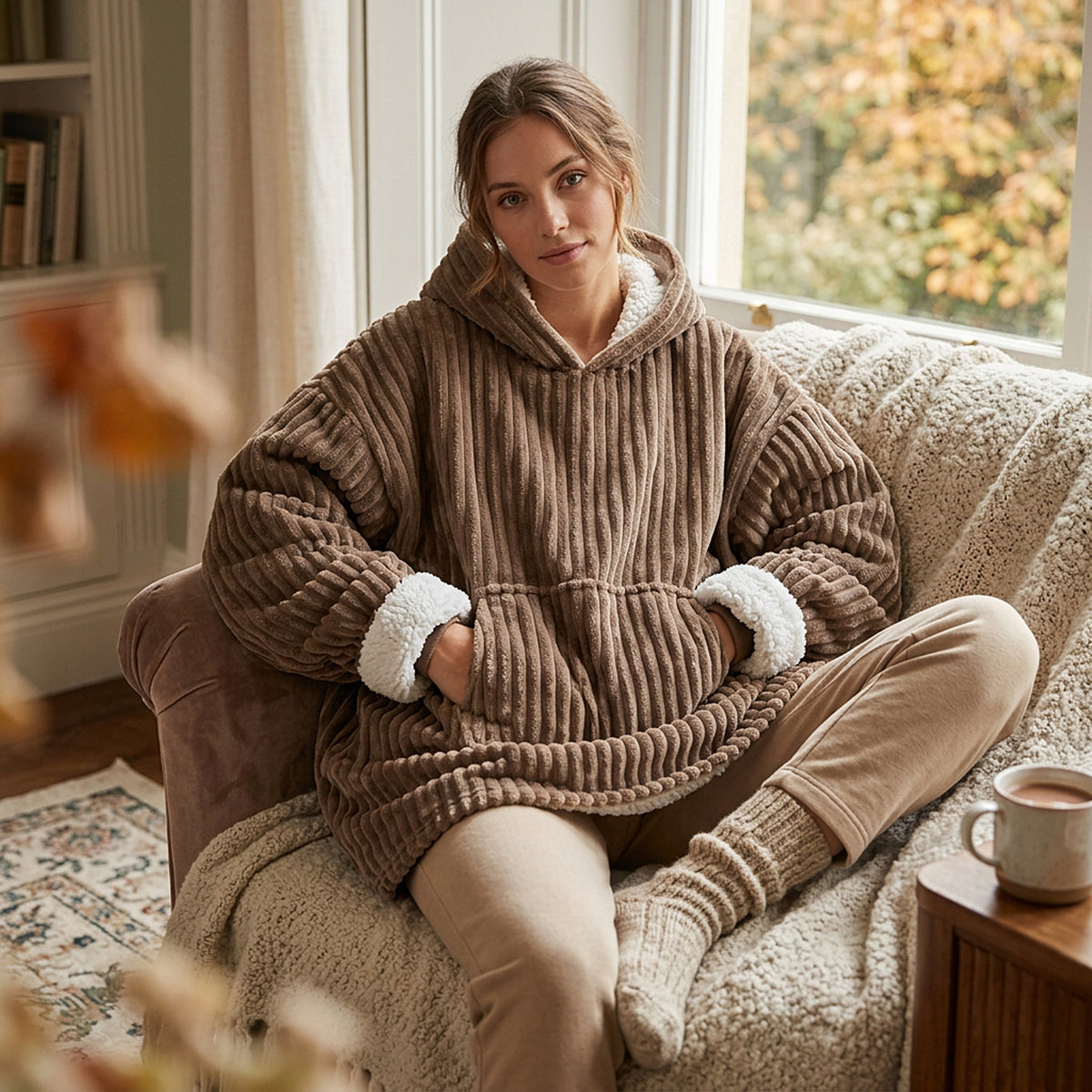 SWEAT XXL COCOON COTELE A CAPUCHE TAUPE