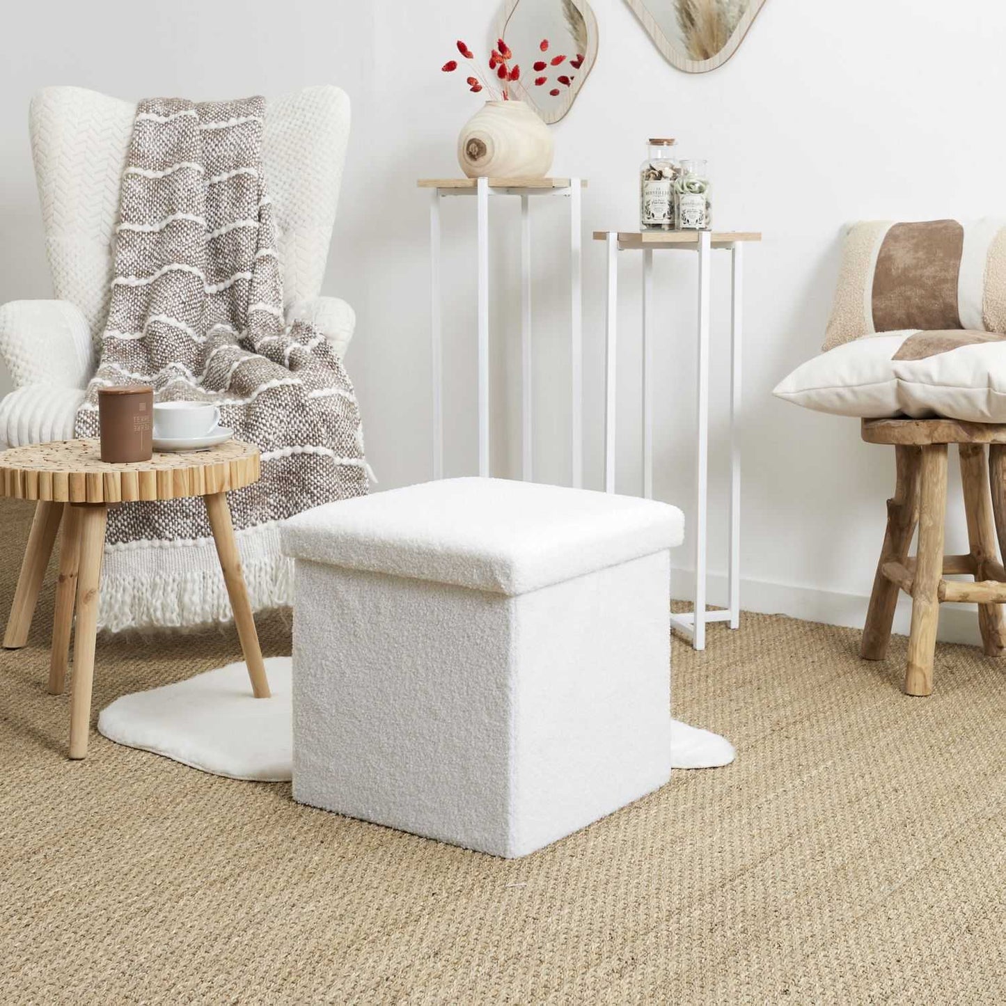 COFFRE POUF PLIABLE BOUCLETTE BLANC