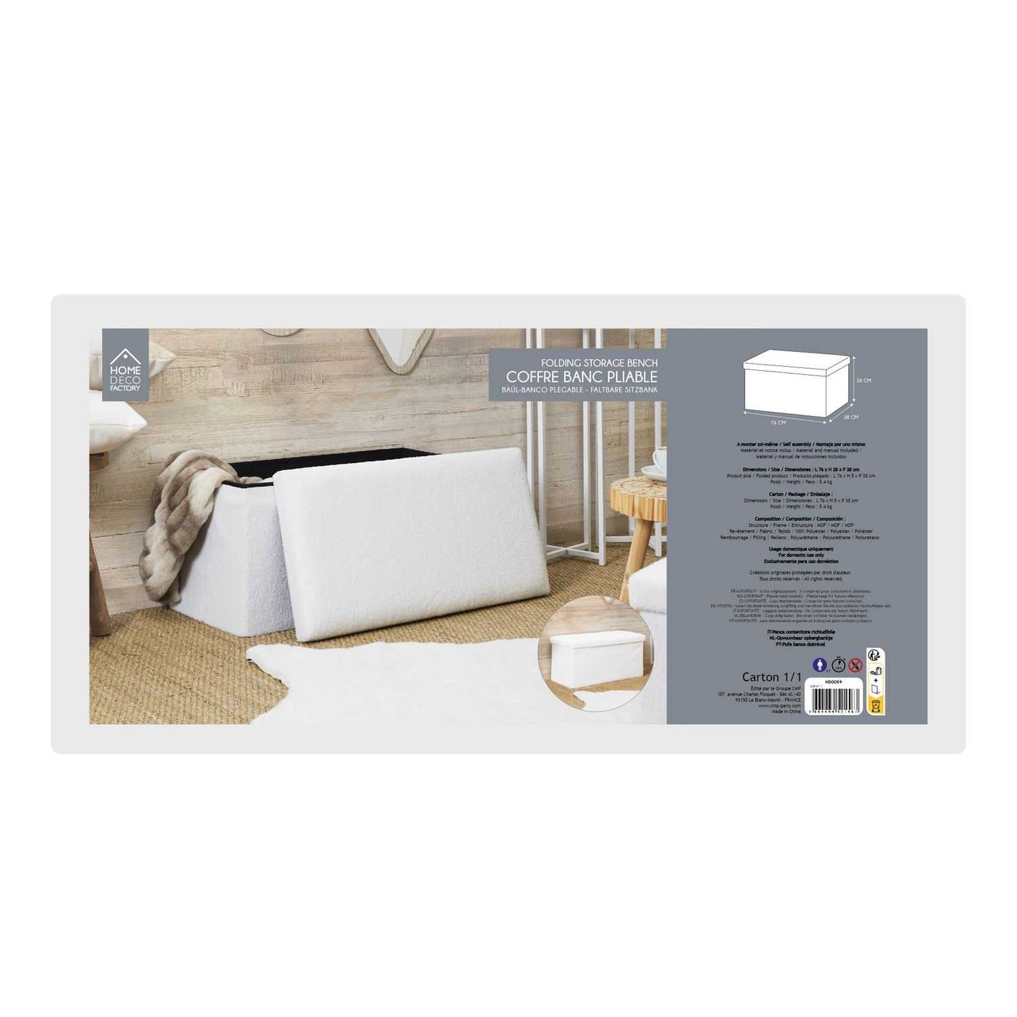 COFFRE BANC PLIABLE BOUCLETTE BLANC