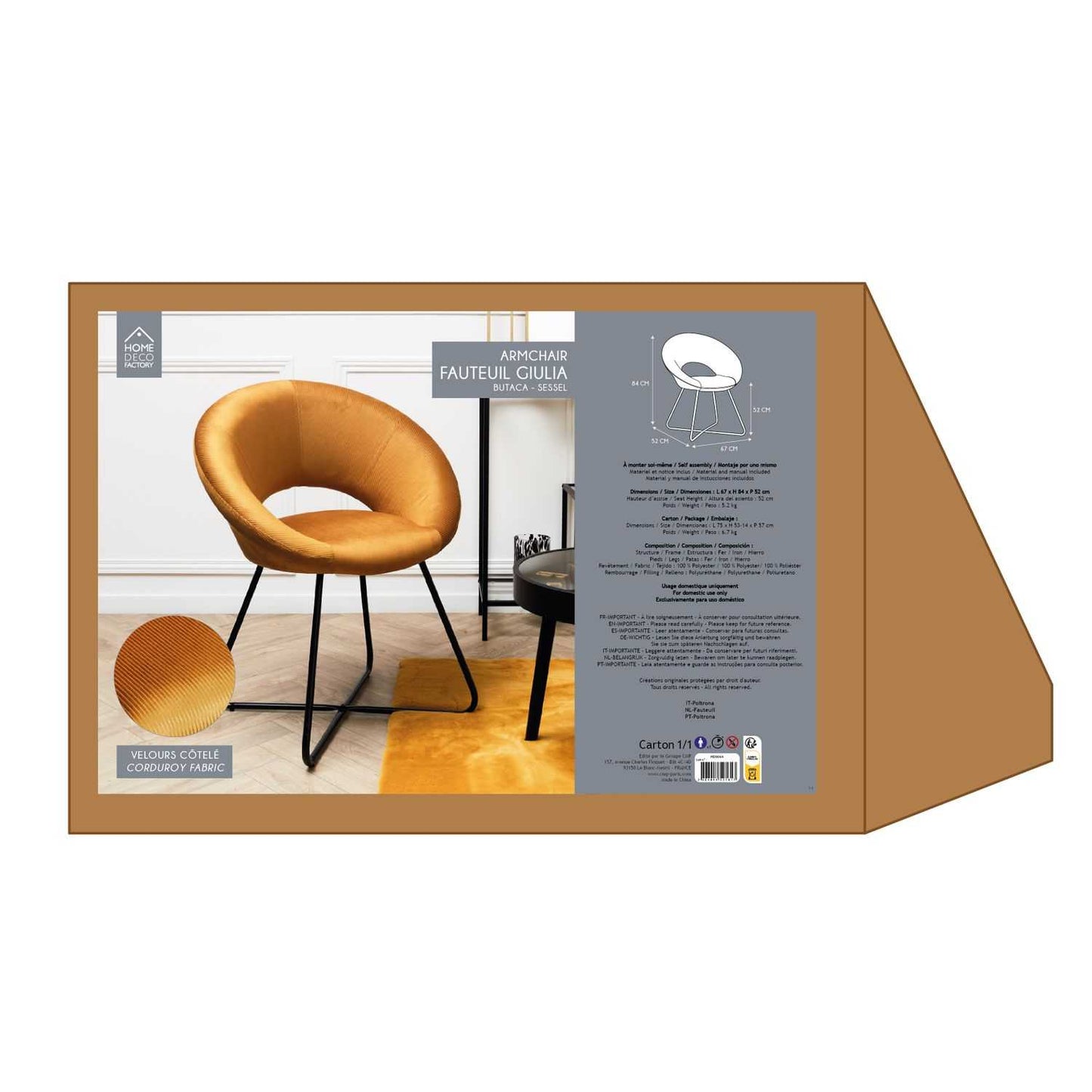 FAUTEUIL ROND VELOURS COTELE GIULIA JAUNE