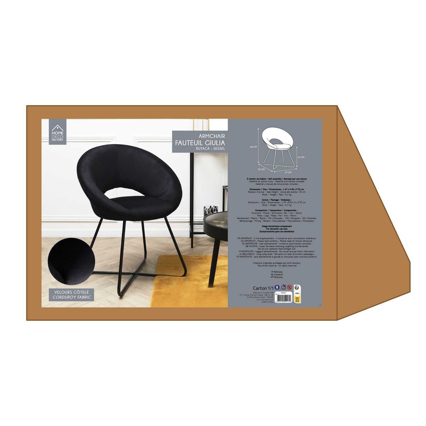 FAUTEUIL ROND VELOURS COTELE GIULIA NOIR