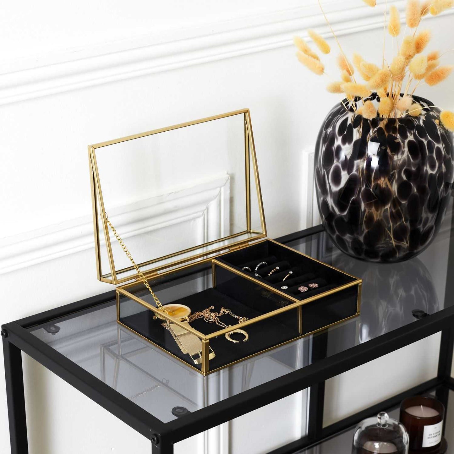 BOITE A BIJOUX VERRE ET VELOURS NOIR