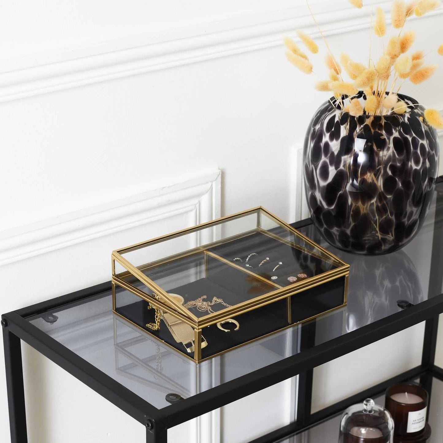 BOITE A BIJOUX VERRE ET VELOURS NOIR