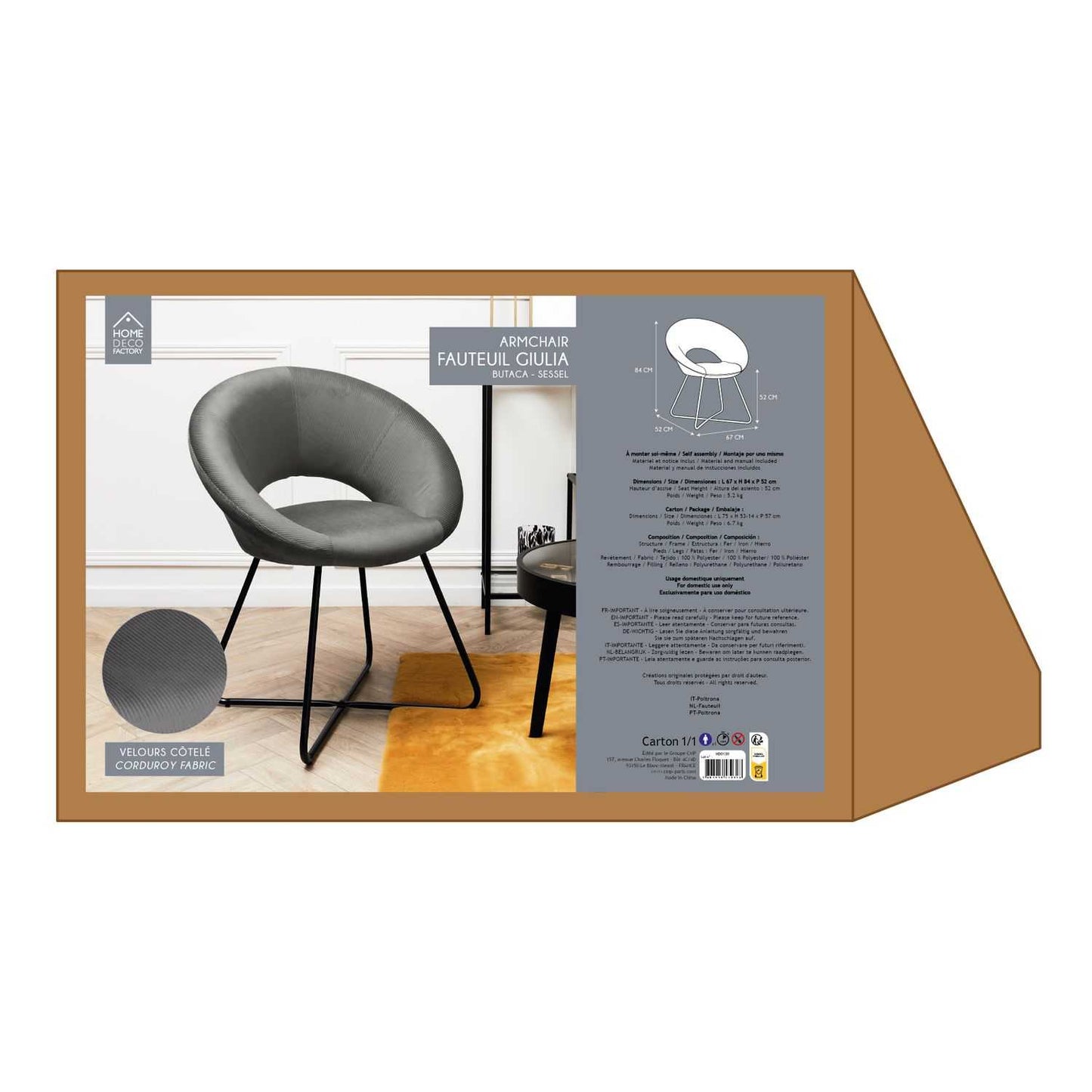 FAUTEUIL ROND VELOURS COTELE GIULIA GRIS
