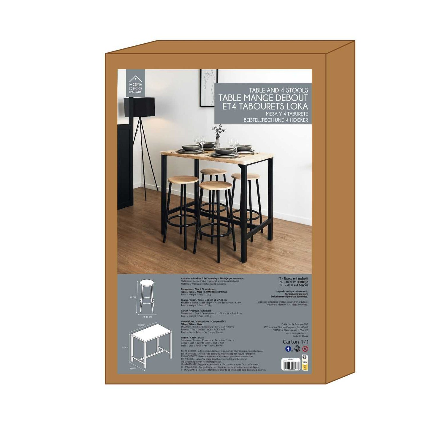 TABLE MANGE DEBOUT ET 4 TABOURETS LOKA