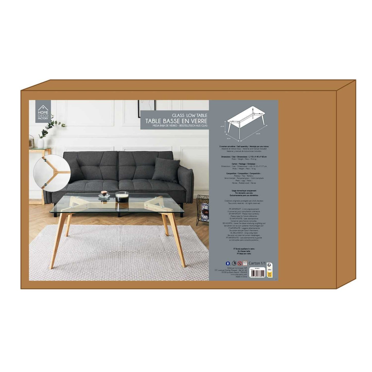 TABLE RECTANGULAIRE EN VERRE 110X60X45CM