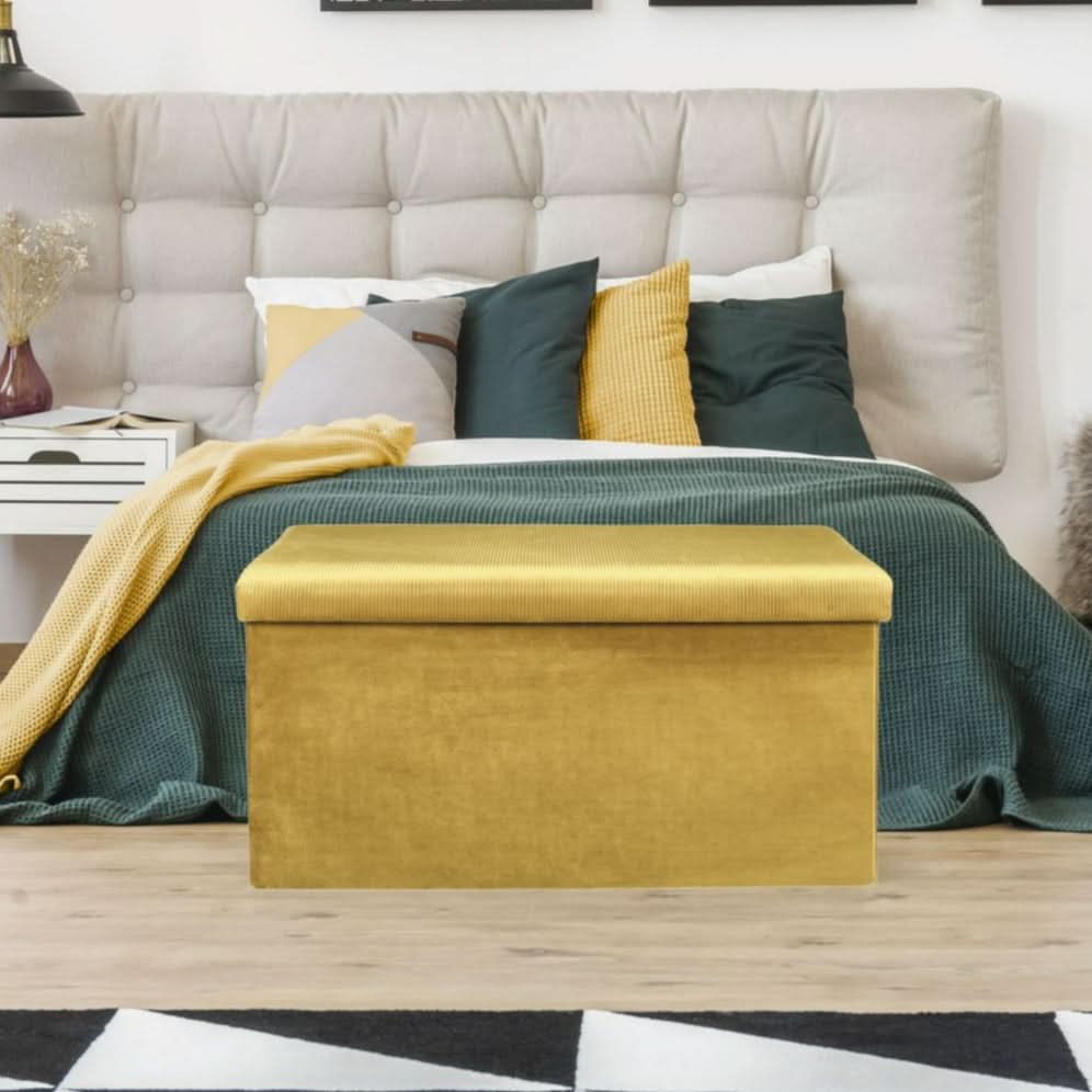 Urban Living KUBE Banc Rangement Pliant Velours Jaune – 76x37,5x37,5 Cm, Siège & Coffre Gain De Place Élégant