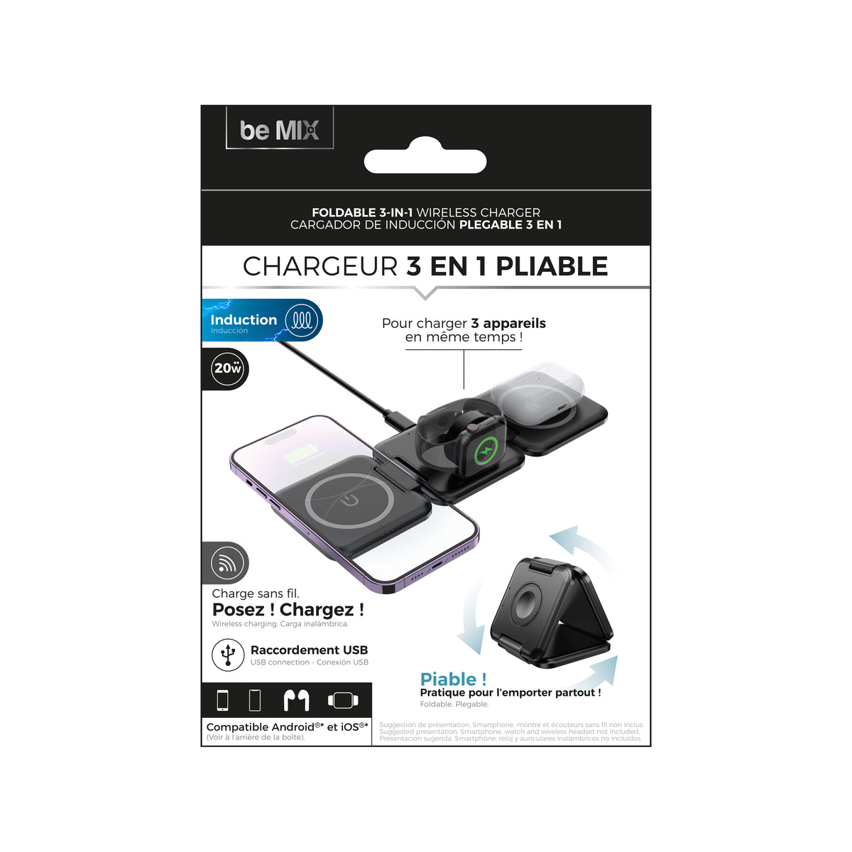 CHARGEUR A INDUCTION PLIABLE 3EN1 20W