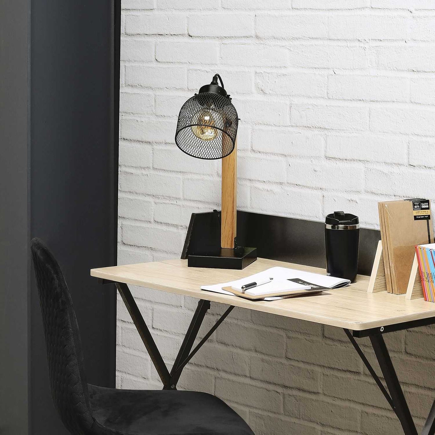 LAMPE A POSER GRILLE METAL NOIR BOIS
