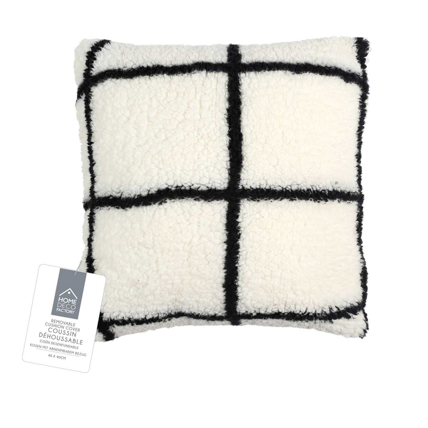 COUSSIN SHERPA BLANC CARREAUX NOIR 40X40CM