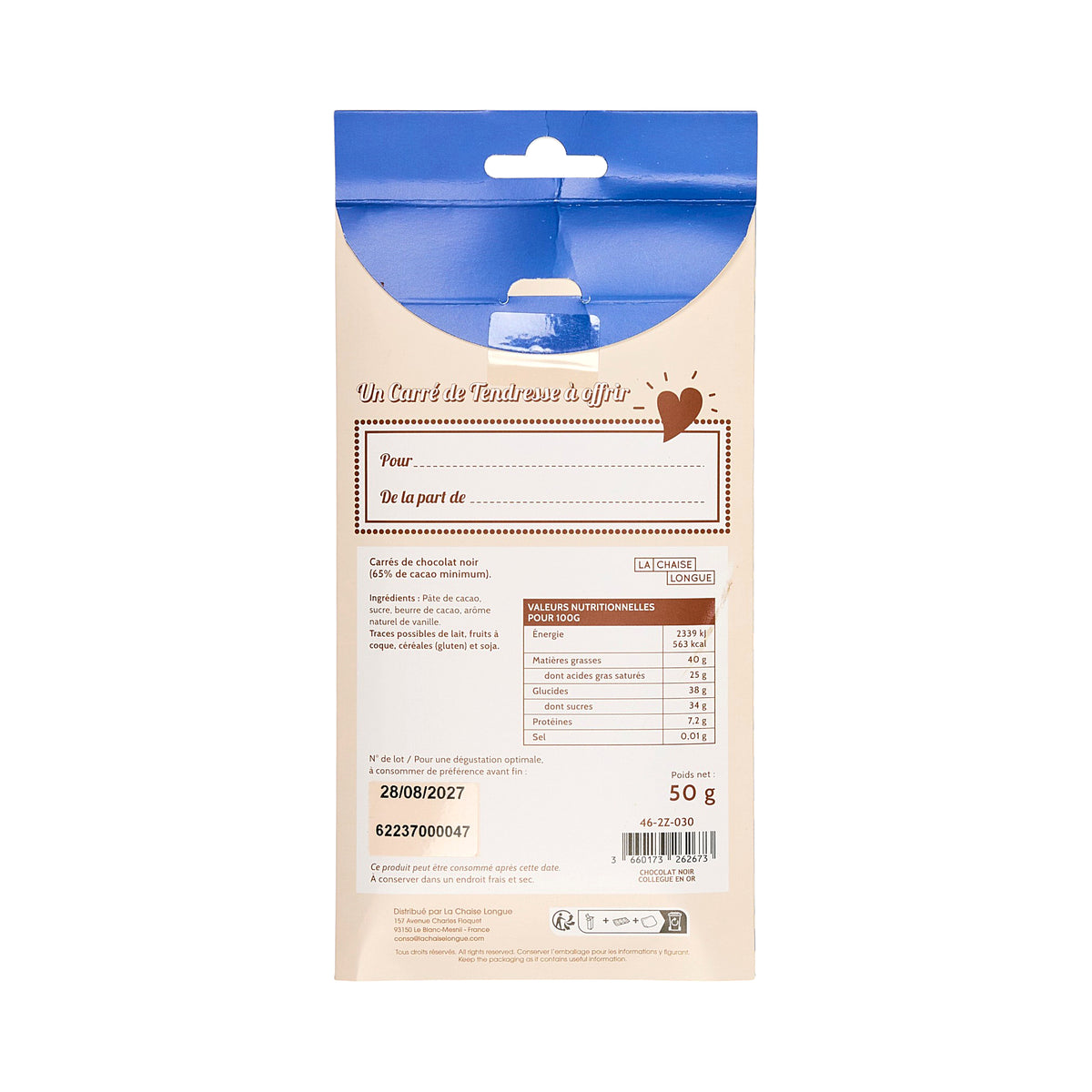 CARRES DE CHOCOLAT NOIR COLLEGUE EN OR