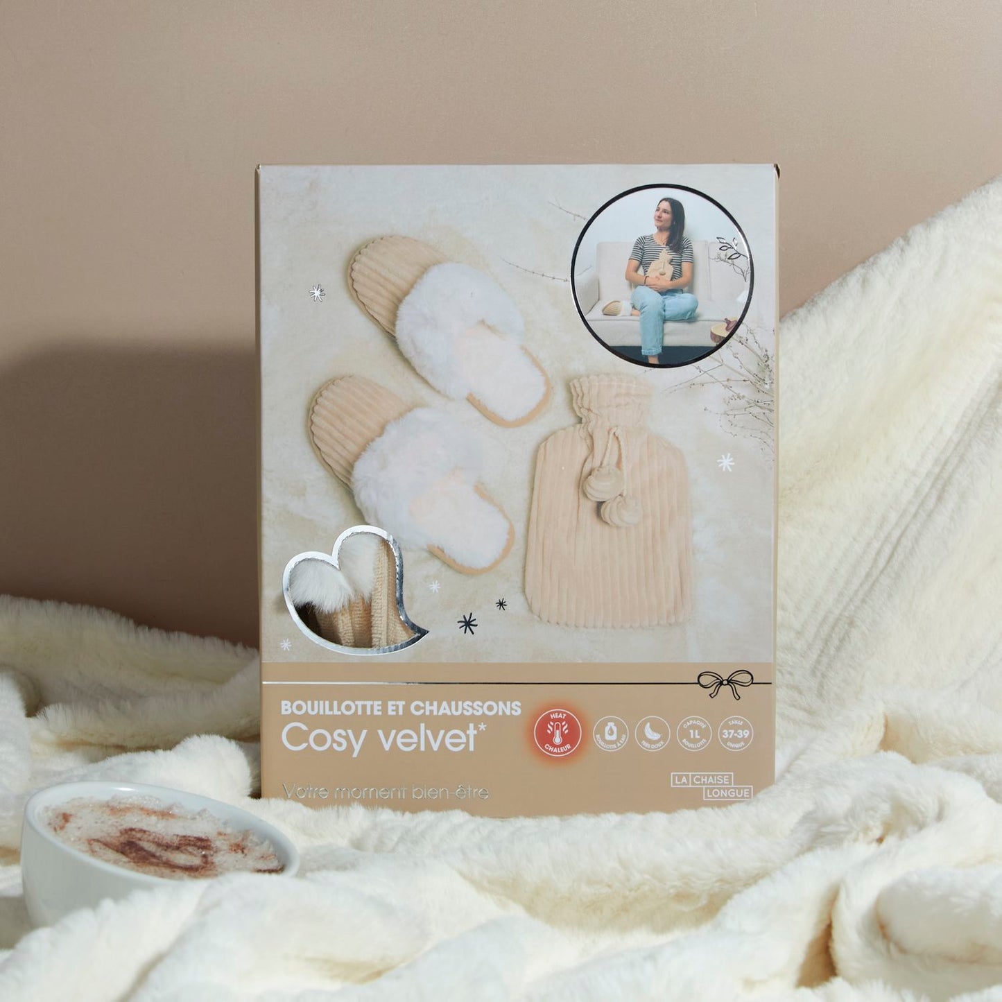 COFFRET BOUILLOTTE ET CHAUSSONS COSY VELVET BEIGE