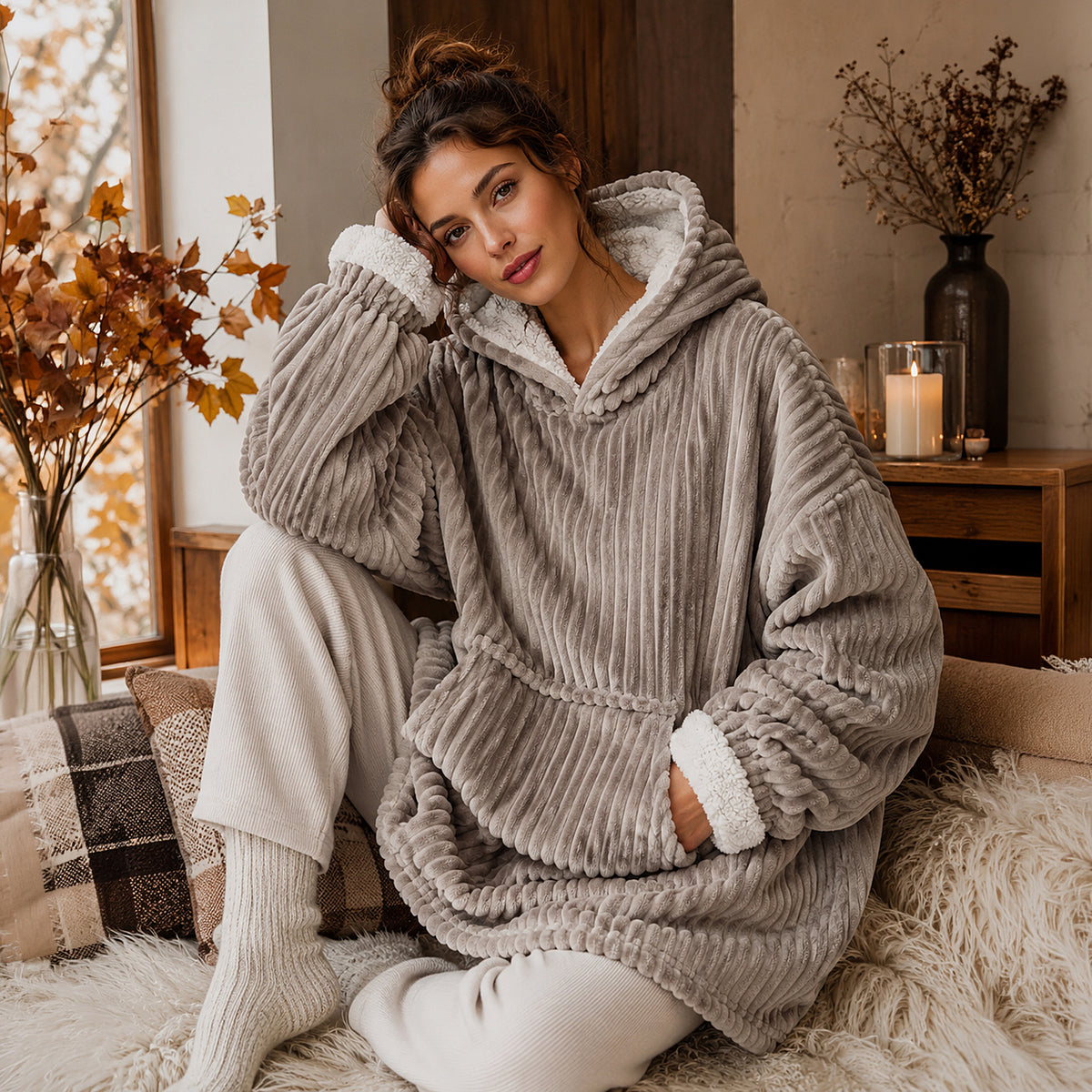 SWEAT XXL COCOON COTELE A CAPUCHE GRIS CLAIR
