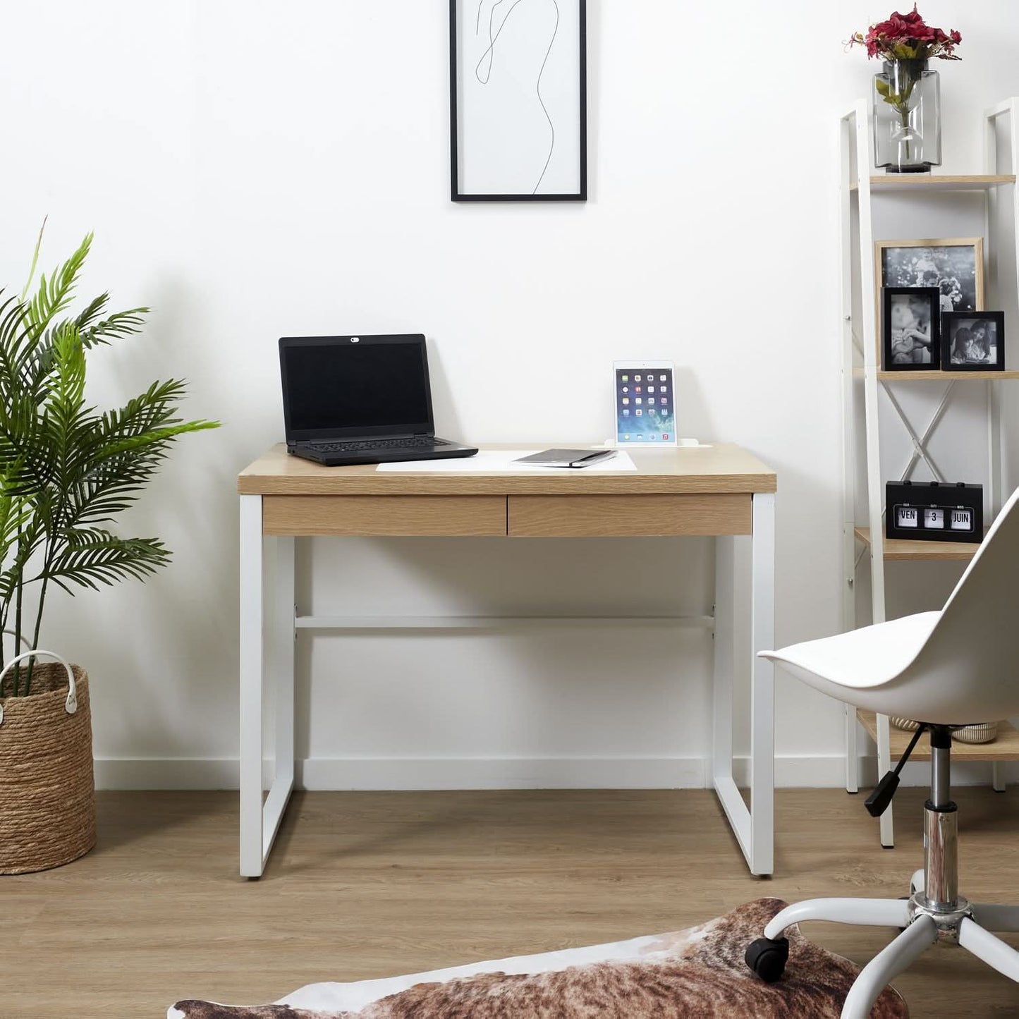 BUREAU EN BOIS ET METAL BLANC