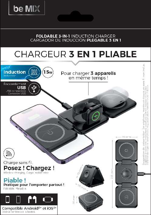 CHARGEUR A INDUCTION PLIABLE 3EN1 20W